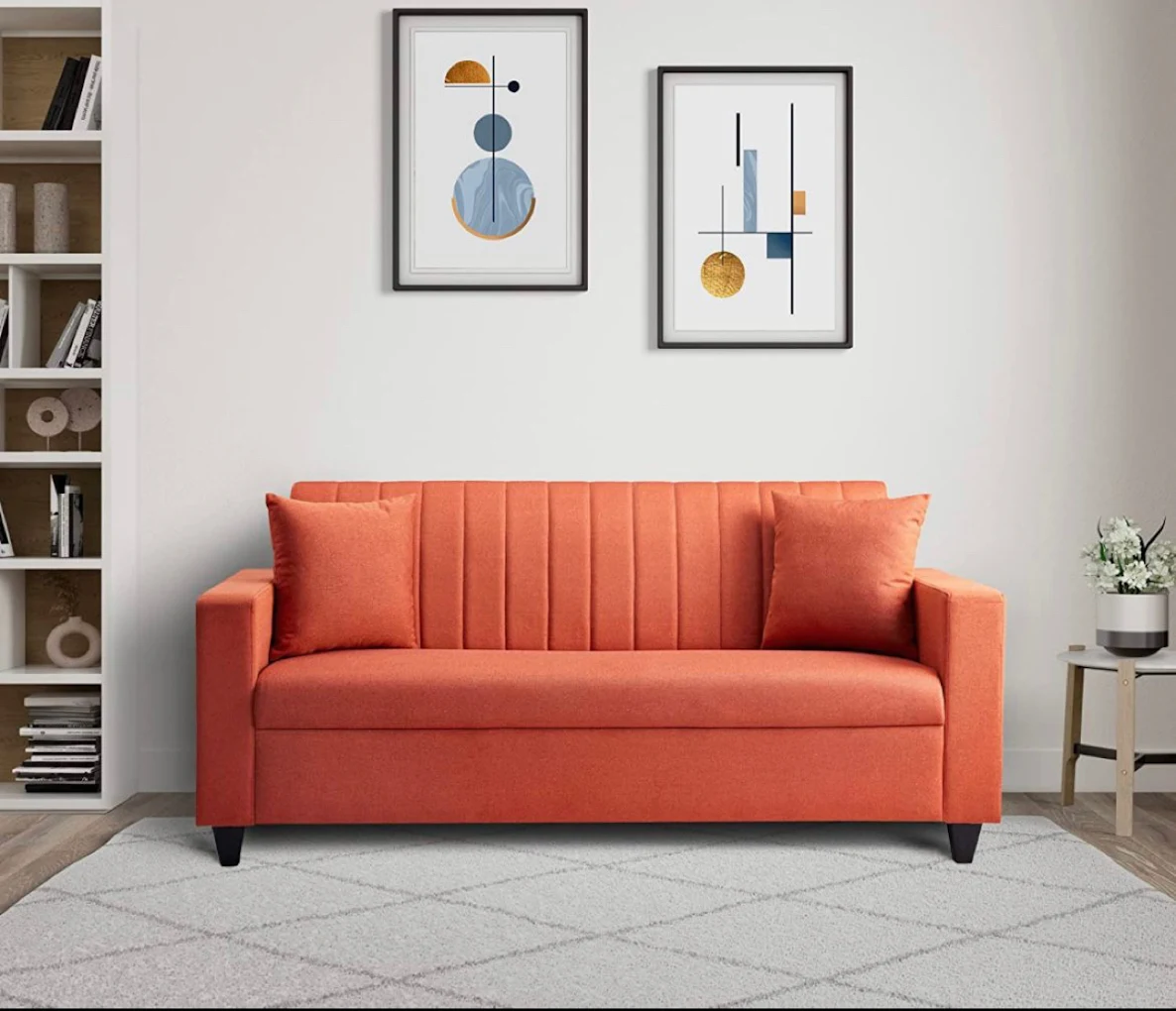 L-shaped wooden sofa with cushions