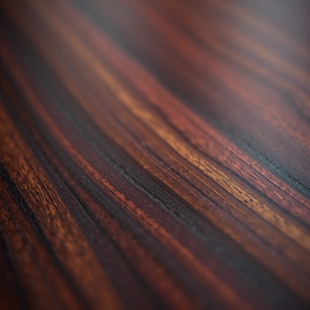 macro shot of hand-rubbed oil finish on dark rosewood furniture surface, soft reflections, luxury ma